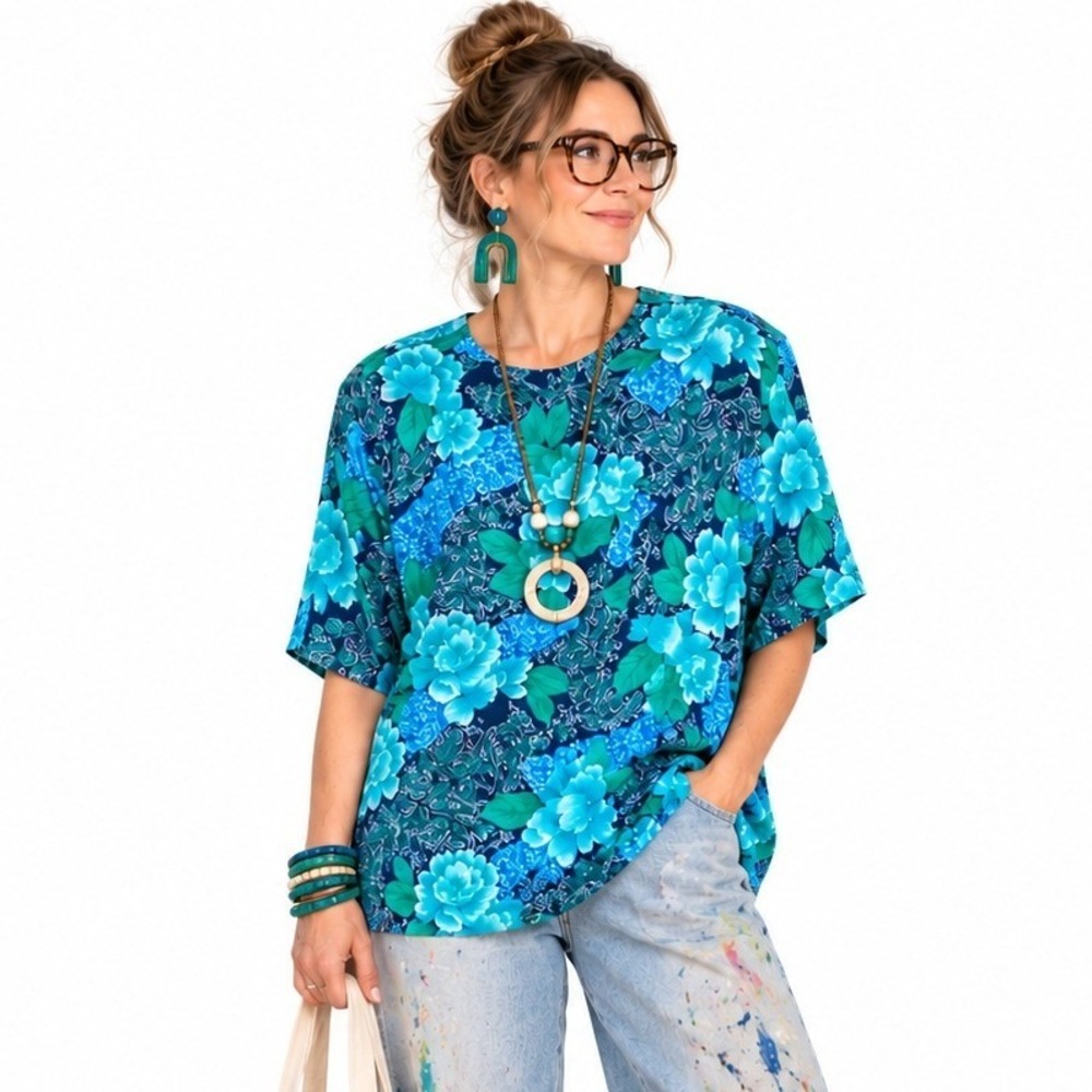 Vintage 90s Silk Top 2X Blue Floral Paisley Coastal Granny Art Teacher Blouse